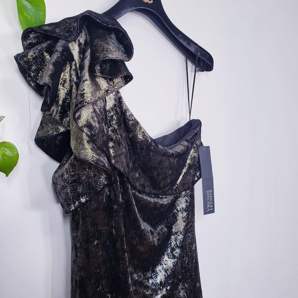 $650 New BADGLEY MISCHKA Gold Bronze Bodycon Midi Dress 8 MEDIUM  One Shoulder - Picture 9 of 13